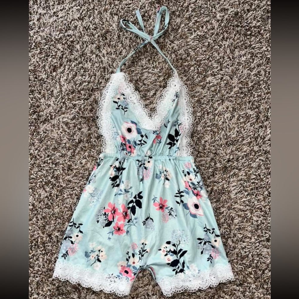 Girls Floral Halter Romper with Lace Trim